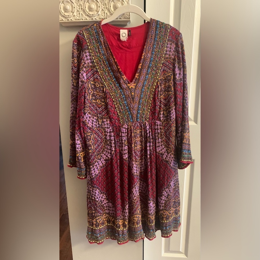 Anthropologie Indie Boho Burgundy, Purple and Teal Dress - S